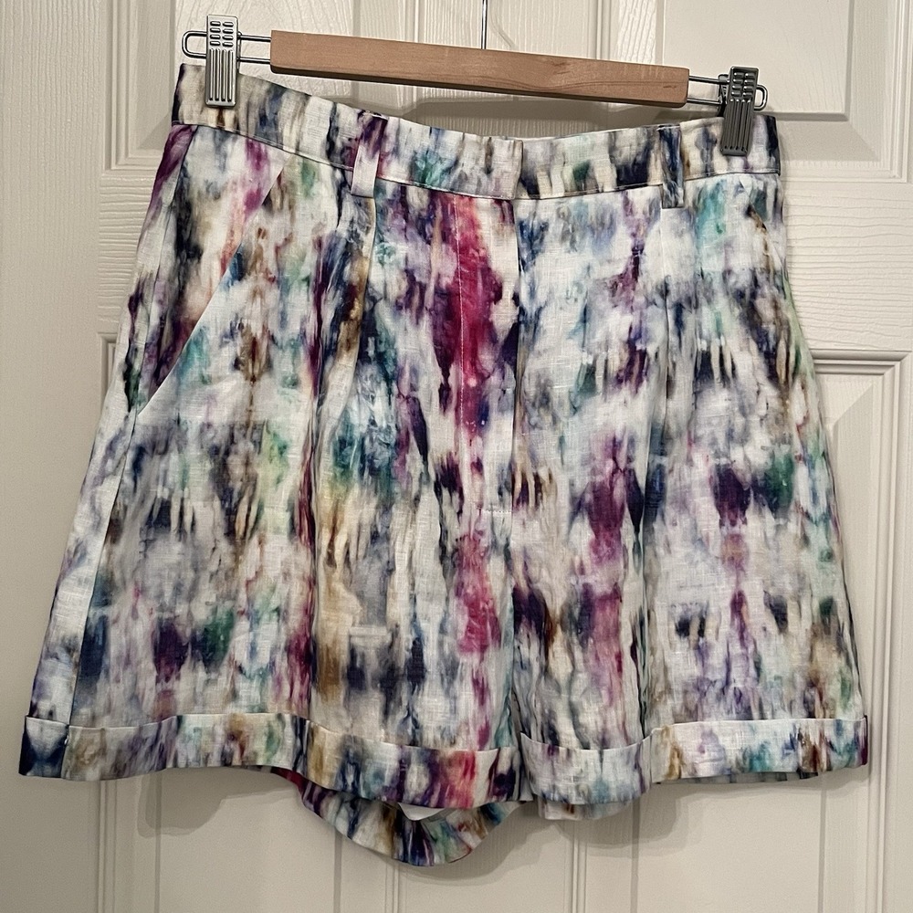 New Lavender Brown Women's 100% Linen Cuffed Shorts Sz‎ Small Watercolor Tie Dye